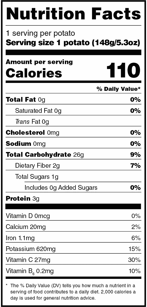 Potatoes nutritional label