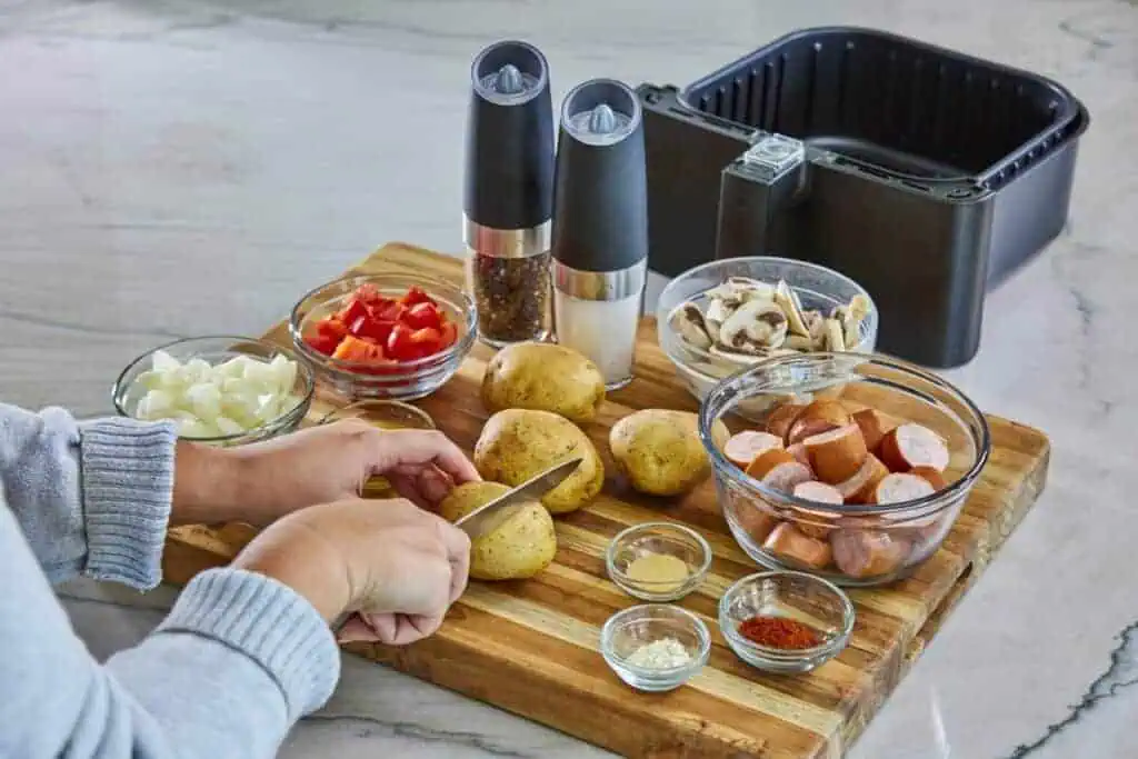 Lifestyle image prepping one-dish meal